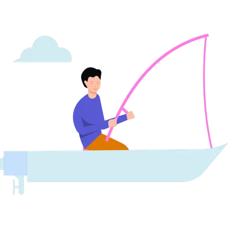 O menino está pescando em um barco  Ilustração