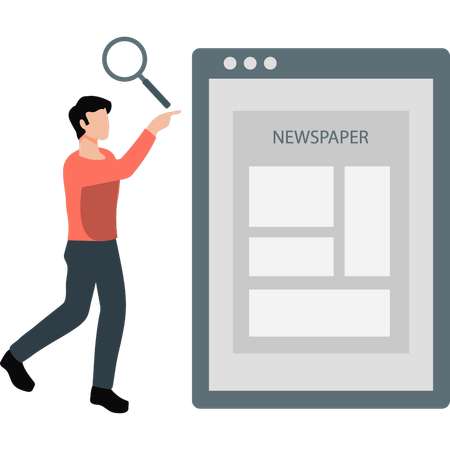 Menino está procurando jornal em página da web  Ilustração