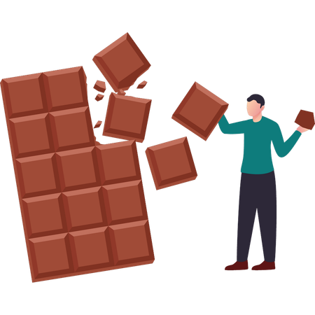 O menino está segurando o chocolate com as duas mãos  Ilustração