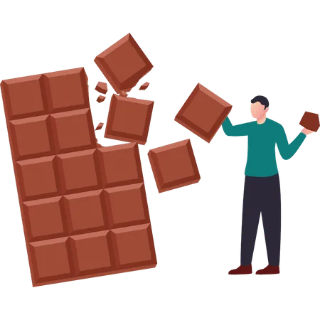 O menino está segurando o chocolate com as duas mãos  Ilustração