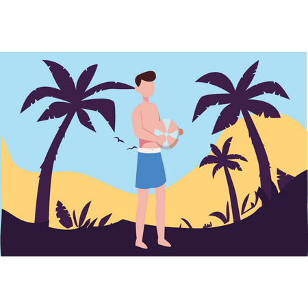 O menino está segurando uma bola de praia  Ilustração