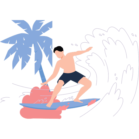 O menino está surfando na água do mar  Ilustração