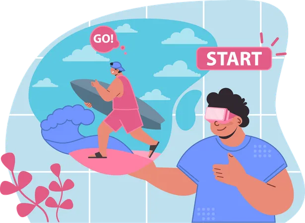 Garoto está surfando na água usando óculos VR  Ilustração