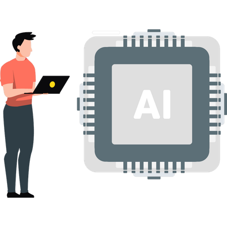 Menino está trabalhando em chip de IA em laptop  Ilustração