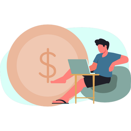 Menino está trabalhando com uma moeda de um dólar no laptop  Ilustração