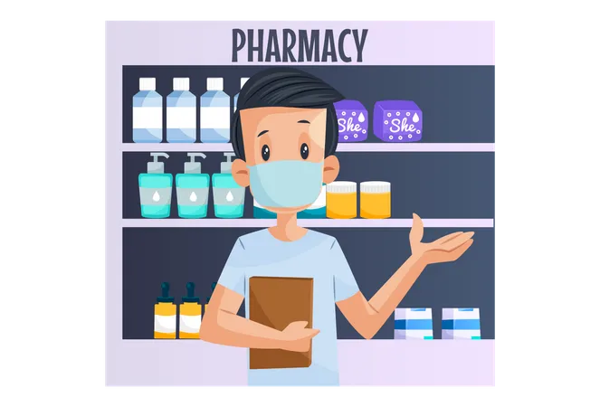 Menino está usando máscara e parado em uma farmácia  Ilustração