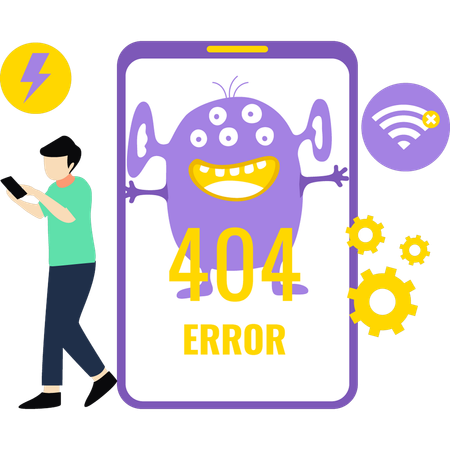 Garoto está vendo erro 404 no celular  Ilustração