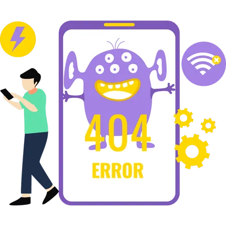 Garoto está vendo erro 404 no celular  Ilustração