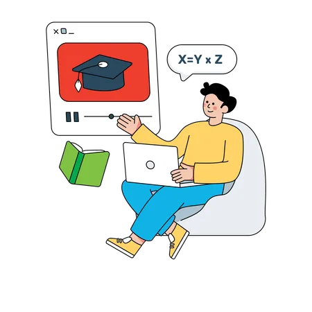 Estudante assistindo a um vídeo de formatura online  Ilustração