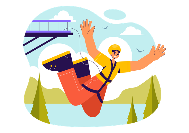 Menino experimenta bungee jumping  Ilustração