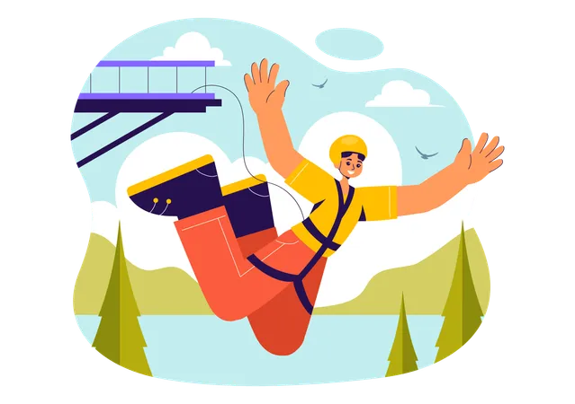 Menino experimenta bungee jumping  Ilustração