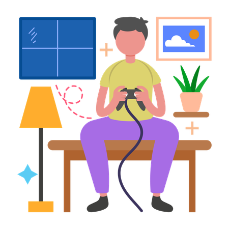 Menino explorando aventuras no console de jogos  Ilustração