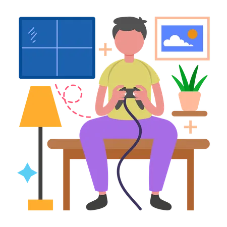 Menino explorando aventuras no console de jogos  Ilustração