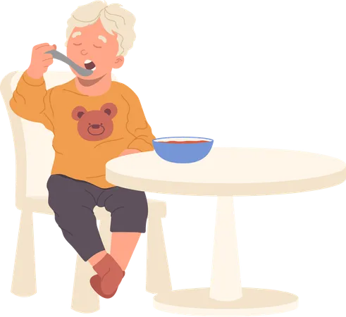 Menino com fome comendo mingau de leite sentado à mesa  Ilustração