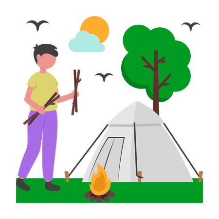 Menino fazendo acampamento ao ar livre  Ilustração