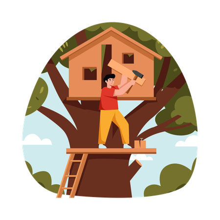 Menino acampando em casa na árvore  Ilustração