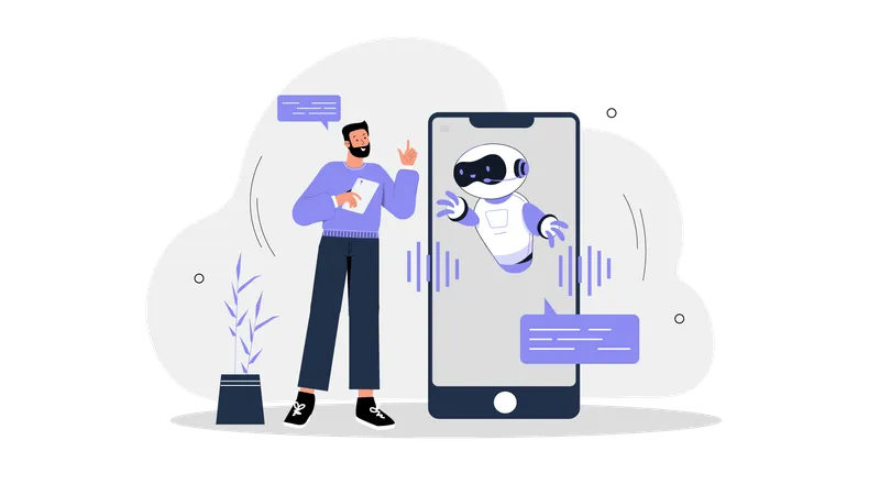 Garoto fazendo bate-papo de robô usando celular  Ilustração