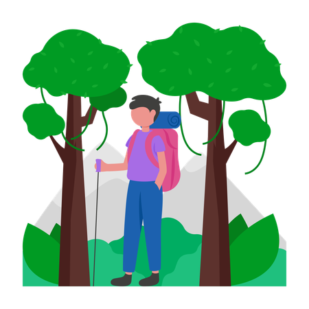 Menino fazendo trilha na floresta  Ilustração