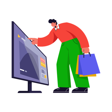 Garoto fazendo compras em uma smart TV  Ilustração