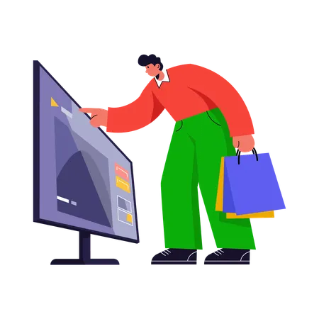 Garoto fazendo compras em uma smart TV  Ilustração