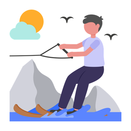Menino praticando esqui aquático  Ilustração