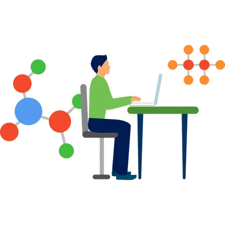 Menino fazendo estrutura química no laptop  Ilustração