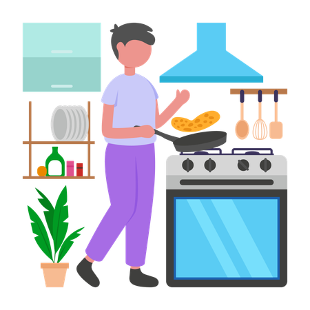 Menino fazendo jantar em casa  Ilustração