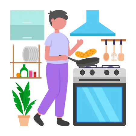 Menino fazendo jantar em casa  Ilustração