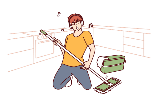 Menino fazendo limpeza de chão usando esfregão  Ilustração