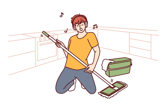 Menino fazendo limpeza de chão usando esfregão  Ilustração