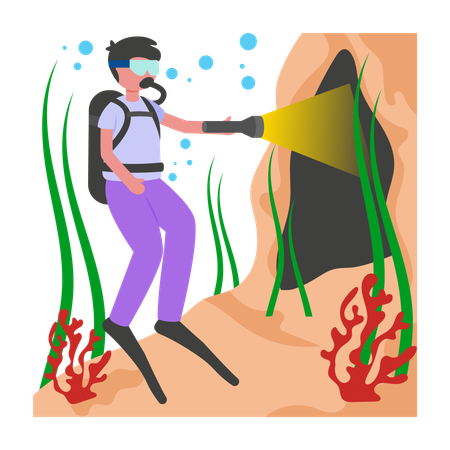 Menino fazendo mergulho em caverna  Illustration