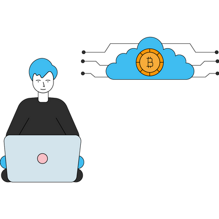 Garoto fazendo mineração de Bitcoin na nuvem  Ilustração