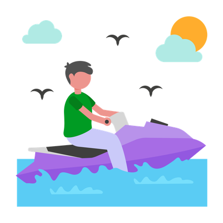 Garoto fazendo um passeio emocionante de jet ski  Ilustração