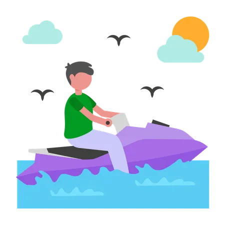 Garoto fazendo um passeio emocionante de jet ski  Ilustração