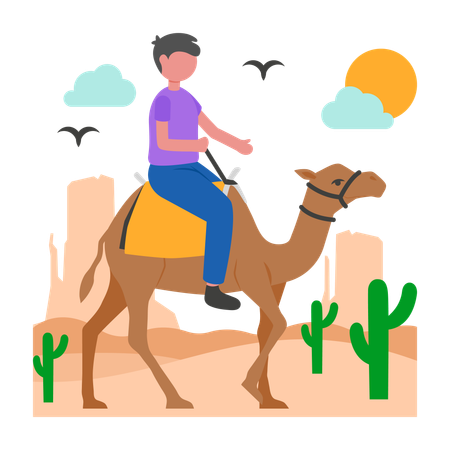 Menino fazendo passeio no deserto em camelo  Ilustração