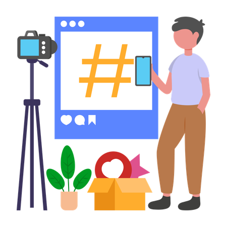 Garoto fazendo promoção de hashtag  Ilustração