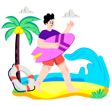 Menino fazendo surfe na praia  Ilustração