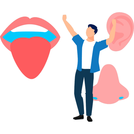 Menino feliz ao olhar o sentido da língua humana  Ilustração