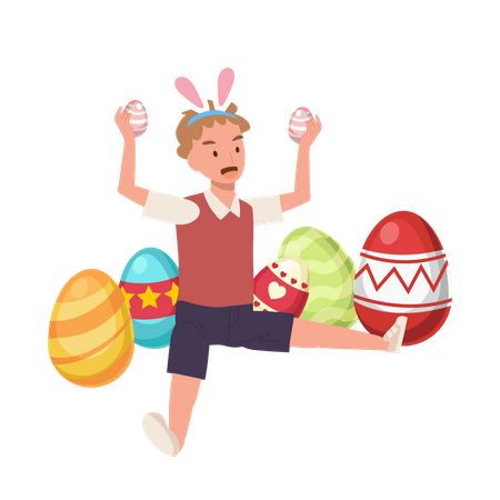 Garotinho feliz com orelhas de coelho está segurando um ovo de Páscoa com as duas mãos enquanto rodeia outros ovos de Páscoa  Ilustração