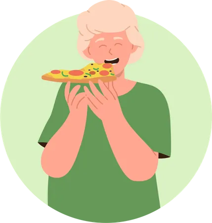 Garoto feliz comendo fatia de pizza  Ilustração