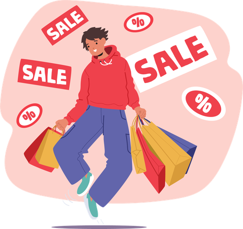 Menino feliz e encantador se alegrando comprando com descontos de liquidação  Ilustração