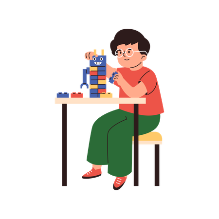 Menino feliz senta-se à mesa e brinca com blocos de construção lego  Ilustração