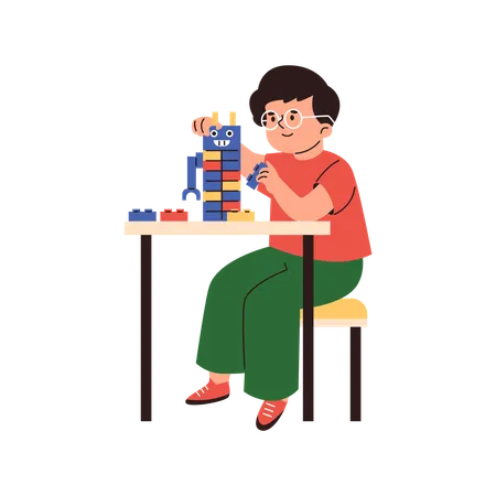 Menino feliz senta-se à mesa e brinca com blocos de construção lego  Ilustração