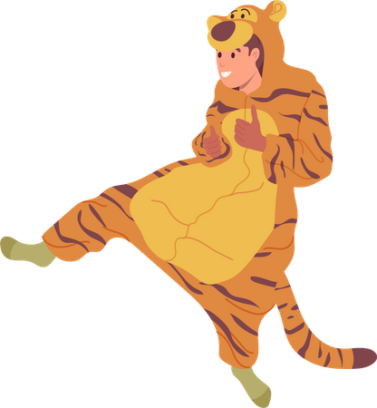 Garoto feliz vestindo fantasia de pijama de tigre kigurumi  Ilustração