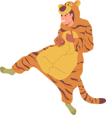 Garoto feliz vestindo fantasia de pijama de tigre kigurumi  Ilustração