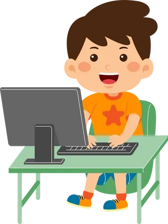 Garotinho bonitinho usa computador  Ilustração
