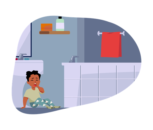 Garoto fofo e sonolento de pijama sentado no chão do banheiro  Ilustração