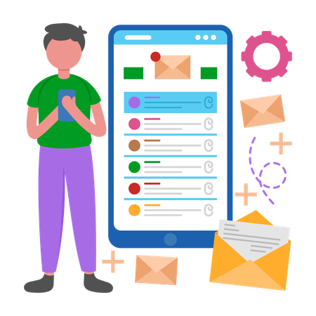 Menino gerencia tarefas verificando e-mail  Ilustração