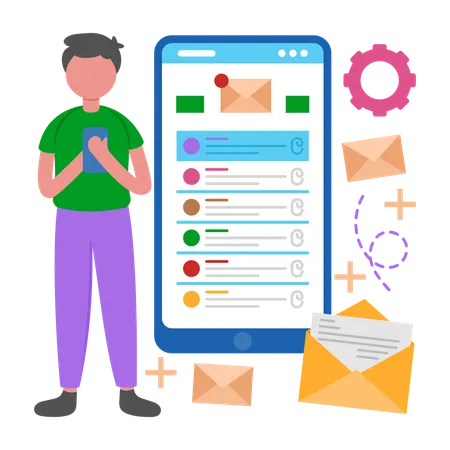 Menino gerencia tarefas verificando e-mail  Ilustração