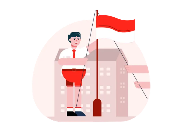 Menino hospedando a bandeira da Indonésia  Ilustração